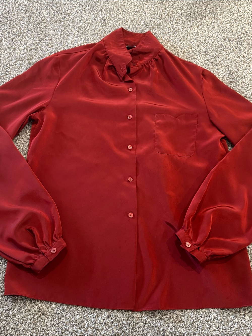 Espresso Red Satin Button-Down Blouse with Pocket